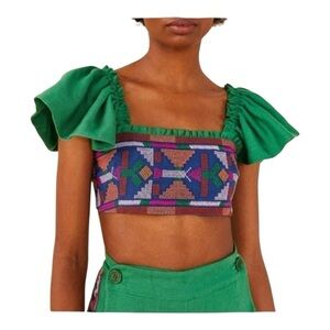 NWT! Farm Rio Tropical Green Linen Embroidered Smocked Back Crop Top. Size XL.